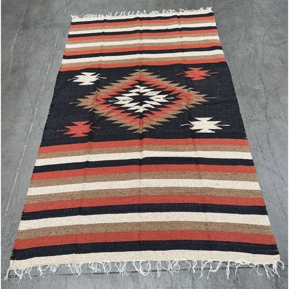 AUTHENTIC Mexican DIAMANTE Blanket Throw Yoga Mat Multi Black Natural Rust